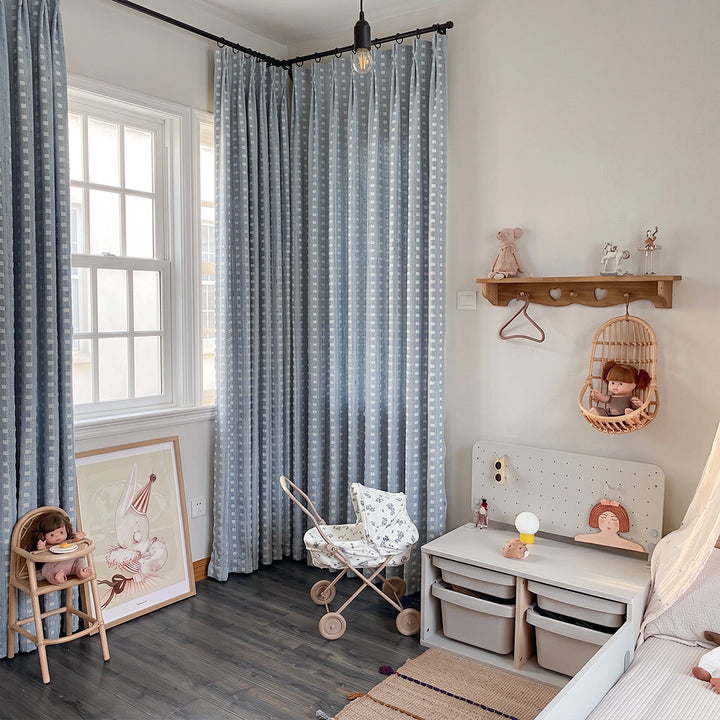 hugmoom pastel blue raised jacquard plaid curtains, custom wrinkle resistant drapes for kids nursery room interior