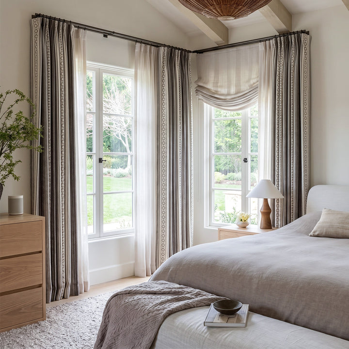 hugmoom premium boho striped custom curtains, english country woven drapes layered with sheer, luxury bedroom estate interior usa uk