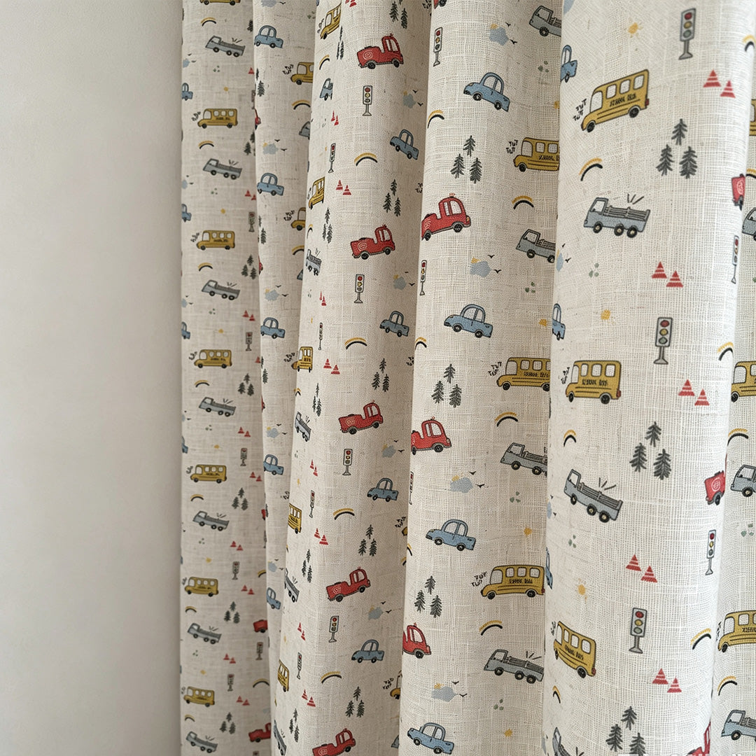 hugmoom printed linen nursery curtains, custom illustrated motif soft drapes, beige fabric texture close‑up for usa canada high‑end baby room window treatment