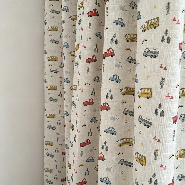 hugmoom printed linen nursery curtains, custom illustrated motif soft drapes, beige fabric texture close‑up for usa canada high‑end baby room window treatment