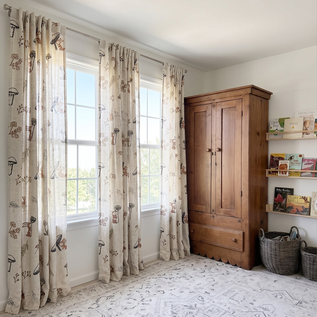 hugmoom printed linen nursery curtains, beige custom illustrated motif soft drapes in cozy kids bedroom, high‑end bespoke window treatments for usa estate nursery