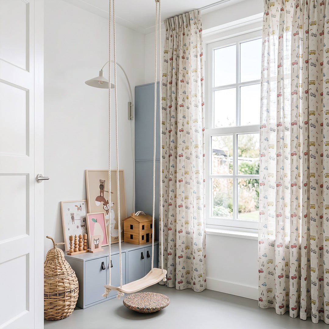 hugmoom printed linen nursery curtains, beige custom illustrated motif soft drapes full window view, bespoke window treatments for north american luxury nursery