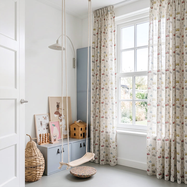 hugmoom printed linen nursery curtains, beige custom illustrated motif soft drapes full window view, bespoke window treatments for north american luxury nursery