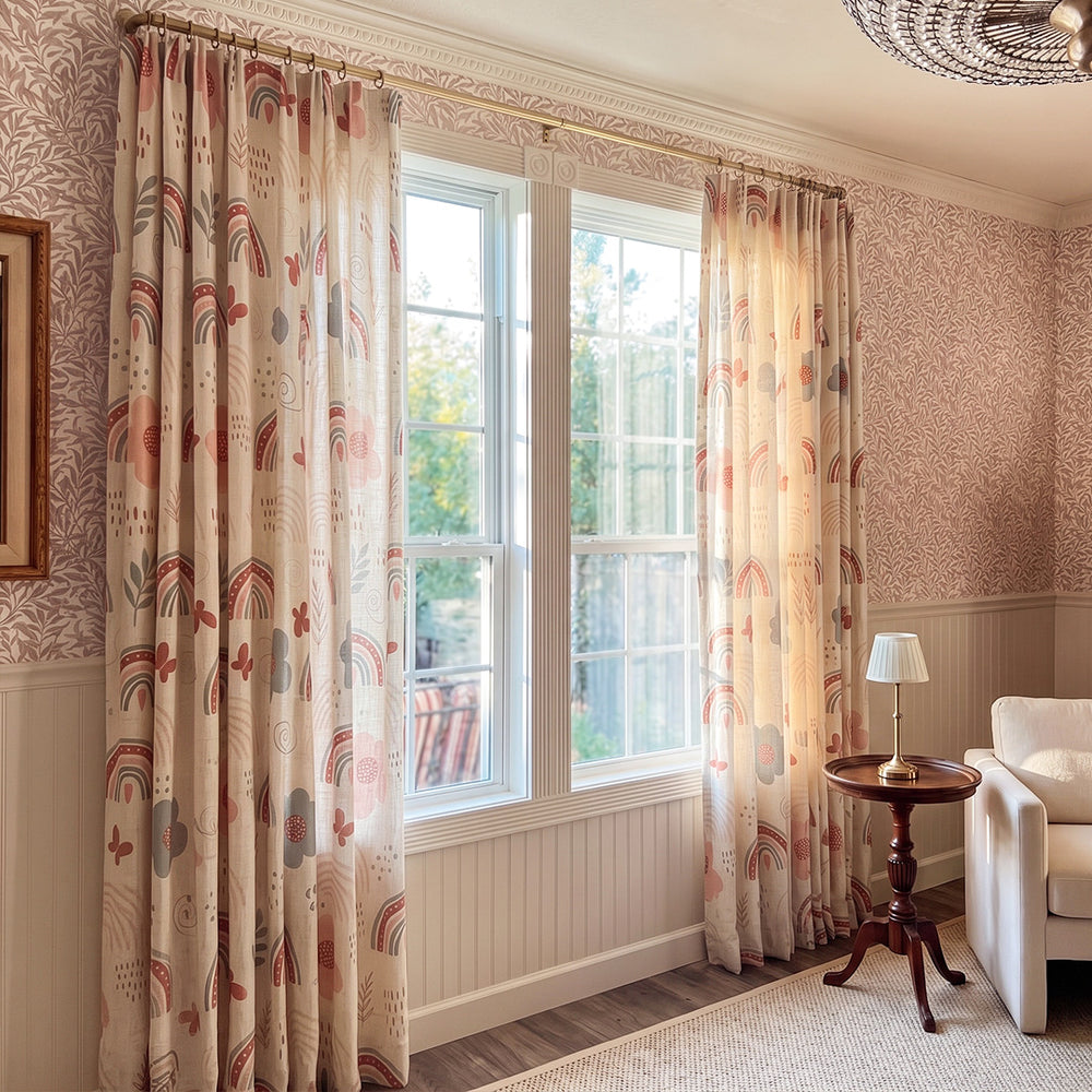 hugmoom printed linen nursery curtains, beige custom illustrated motif soft drapes in spacious farmhouse living room, premium window treatments for canada high‑end residences