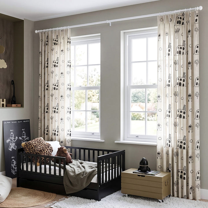 hugmoom printed linen nursery curtains, black custom illustrated motif soft drapes in bold luxury kids bedroom, high‑end bespoke window treatments for usa canada estate nursery