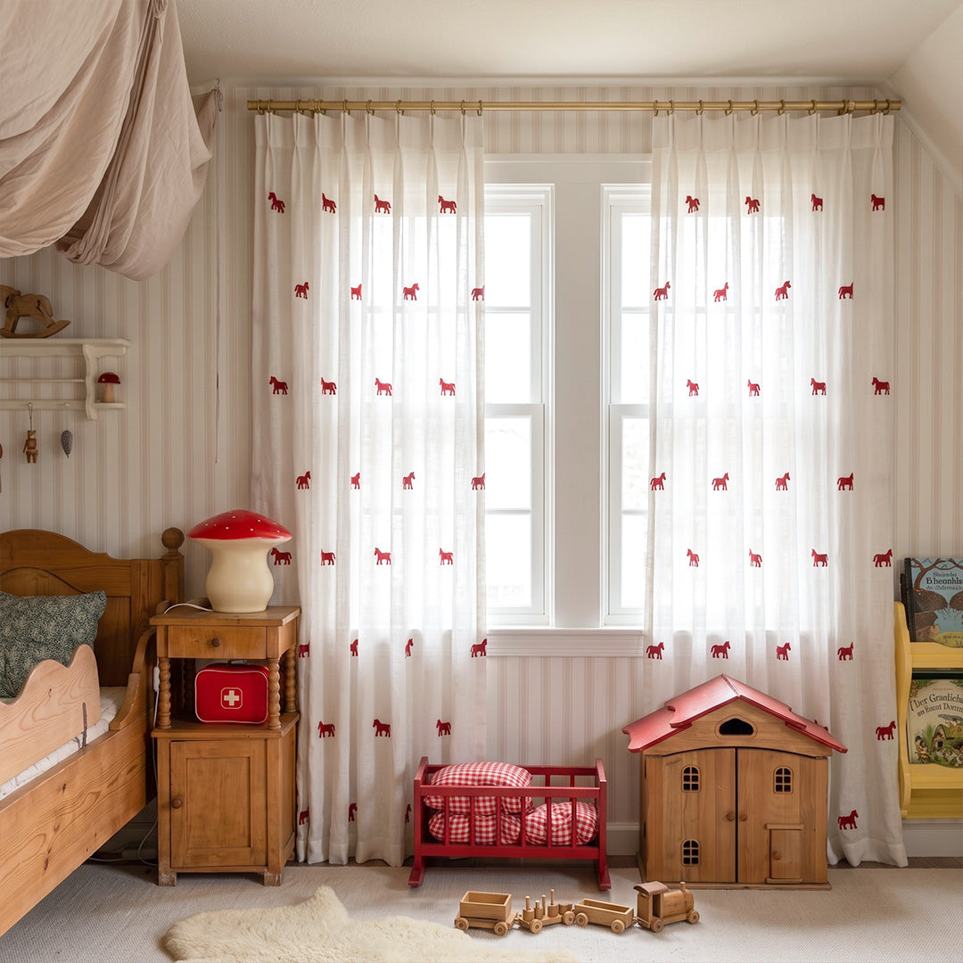 hugmoom red horse 3d animal motif embroidered sheer custom curtains, premium sheer drapes for usa vintage style kids nursery