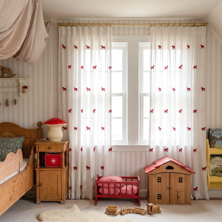 hugmoom red horse 3d animal motif embroidered sheer custom curtains, premium sheer drapes for usa vintage style kids nursery