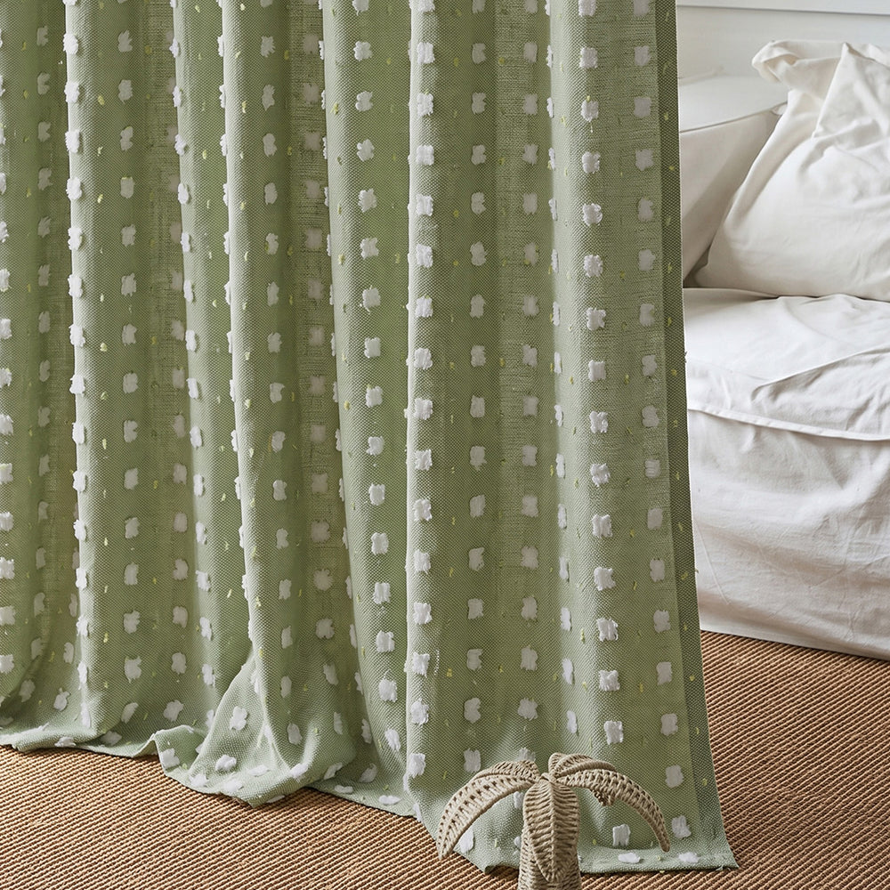 hugmoom sage green plaid jacquard custom curtains, textured woven fabric detail shot for high end european home