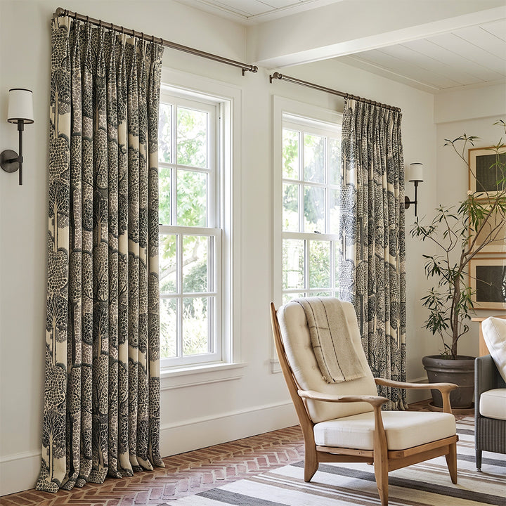hugmoom tree botanical vintage block print curtains, custom matte textured luxury drapes for usa modern farmhouse living area