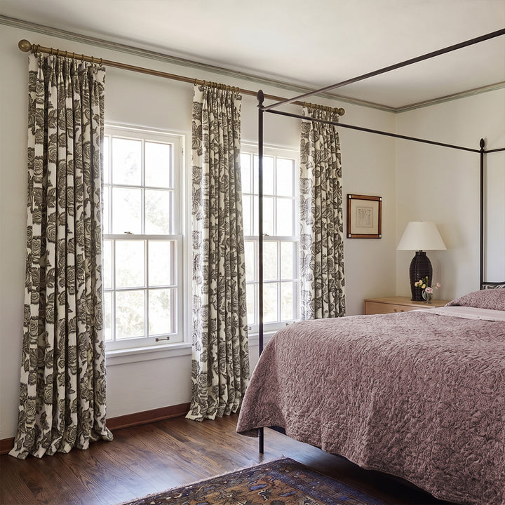 hugmoom vintage floral block print custom curtains, textured matte botanical drapes for high‑end usa master bedroom