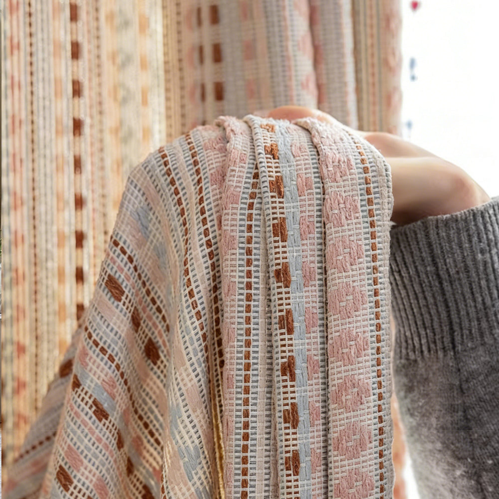 Warm Brown Checkered Vintage Jacquard Printed Curtains Fabric – Close-up of Textured Dopamine Drapes (USA, EU)