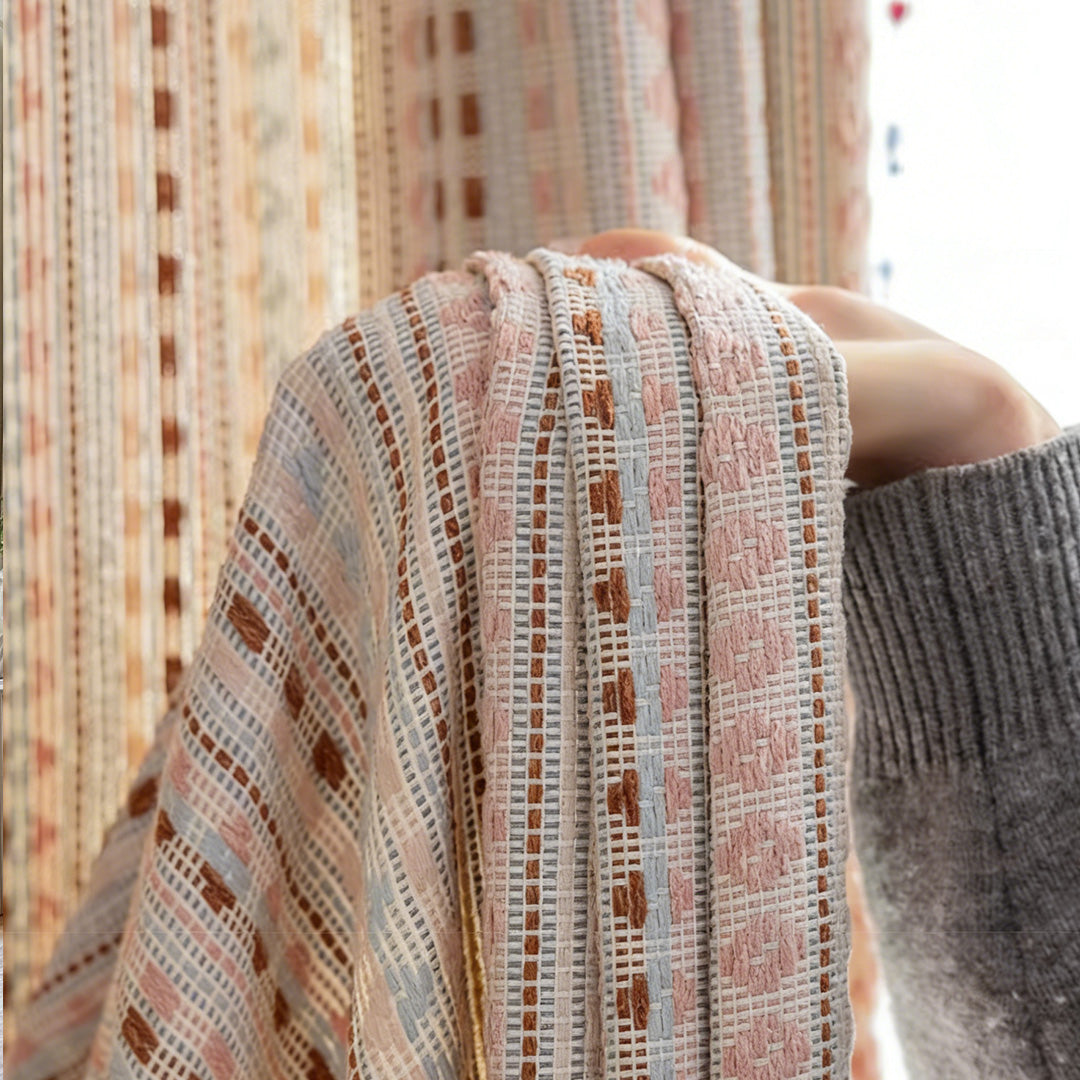 Warm Brown Checkered Vintage Jacquard Printed Curtains Fabric – Close-up of Textured Dopamine Drapes (USA, EU)