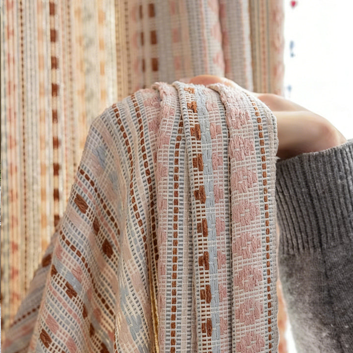 Warm Brown Checkered Vintage Jacquard Printed Curtains Fabric – Close-up of Textured Dopamine Drapes (USA, EU)