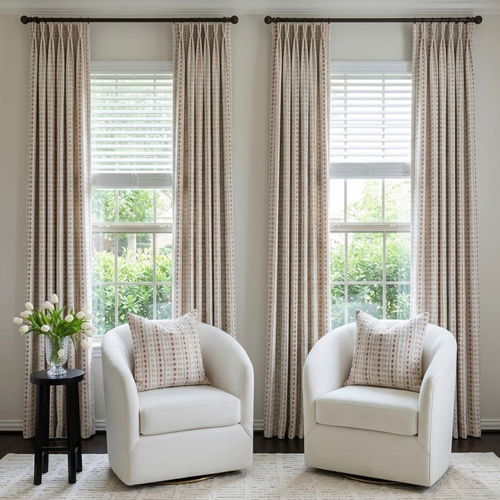 Warm Brown Checkered Vintage Jacquard Printed Curtains – Dopamine Drapes for Symmetrical Traditional Living Spaces (North America, Europe)