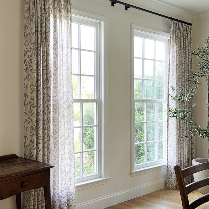 Floral Print Linen Sheer Curtains – Cherry Red Green Leaf Light Filtering Semi Sheer Drapes