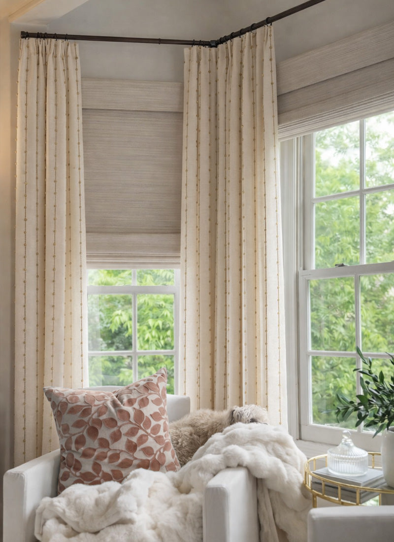 Striped Linen Drapes with Gold Accents – Elegant Vintage Vertical Curtains for Cozy Reading Nooks (US, UK, EU)