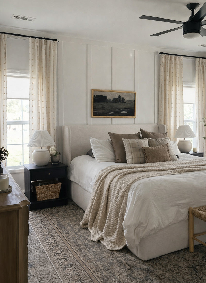 Striped Linen Drapes – Elegant Vintage Vertical Curtains for Serene Farmhouse Bedrooms (USA, Canada, EU)