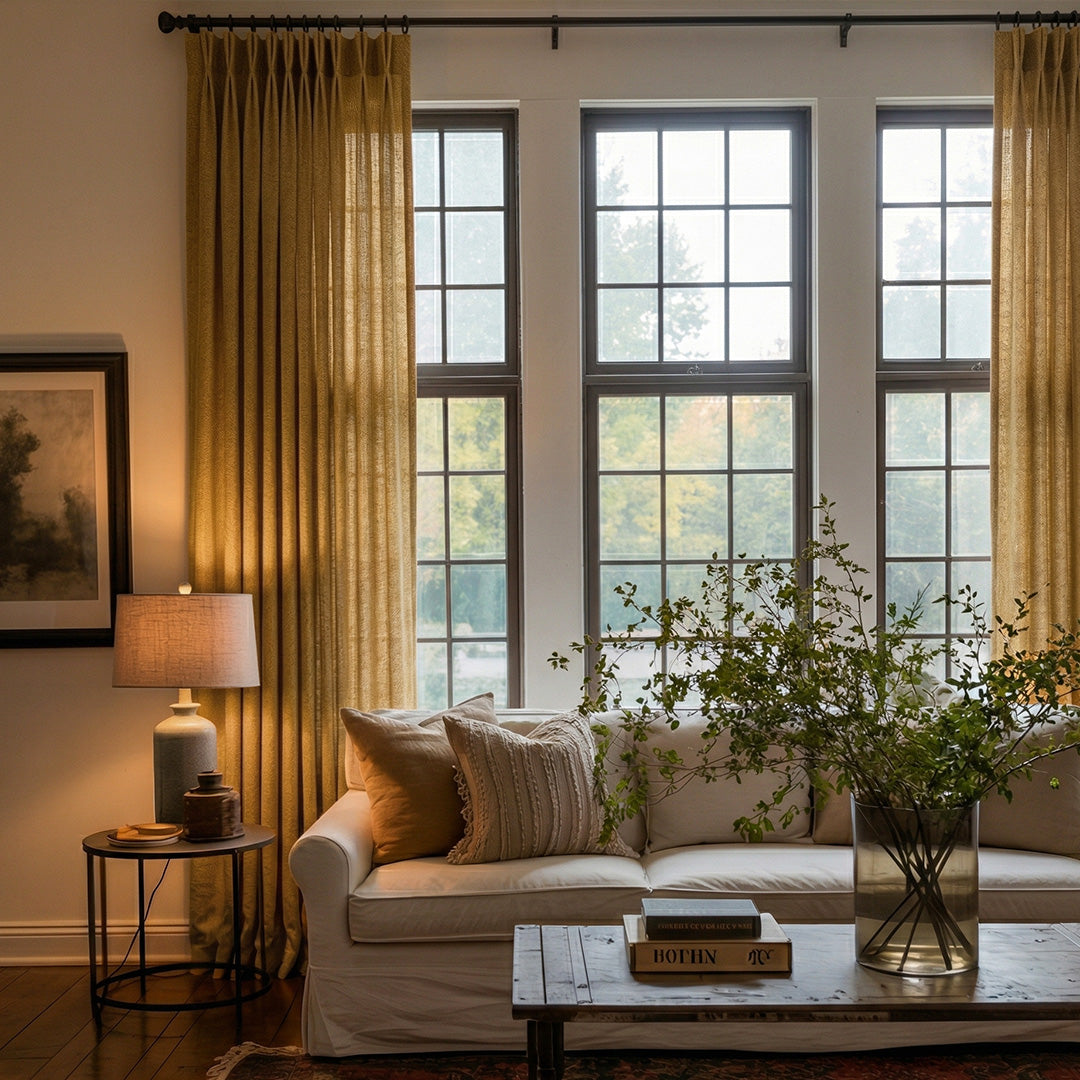 Mustard Yellow Linen Blend Curtains – Natural Style Drapes for Cozy Warm Living Rooms (North America, Europe)