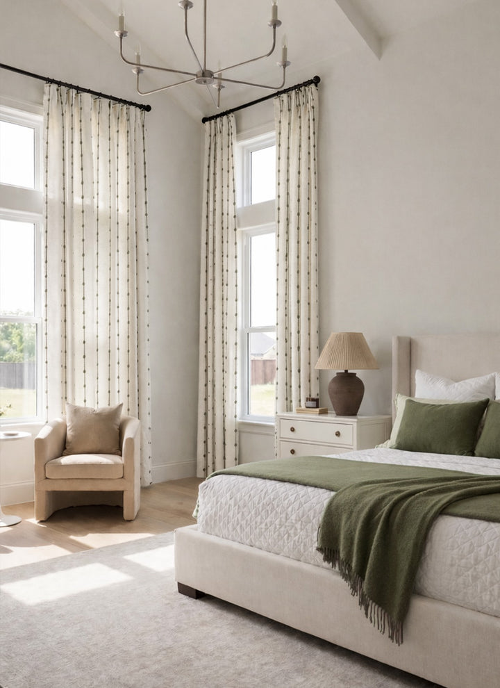 Striped Linen Drapes with Green Accents – Elegant Vintage Vertical Curtains for High-Ceiling Bedrooms (North America, Europe)