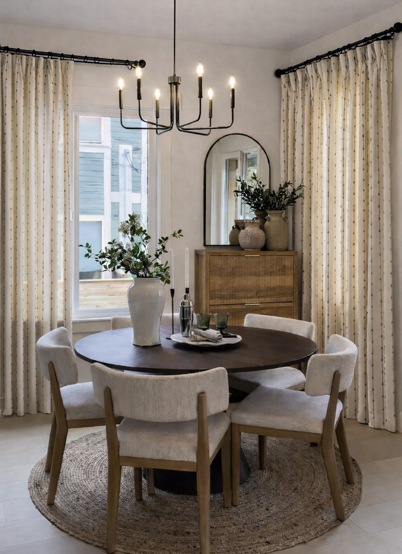 Striped Linen Drapes – Elegant Vintage Vertical Curtains for Warm Farmhouse Dining Rooms (US, UK, EU)