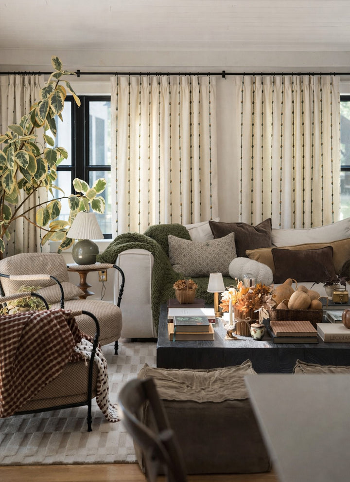Striped Linen Drapes with Green Dots – Elegant Vintage Vertical Curtains for Cozy Fall Living Rooms (USA, Canada, EU)