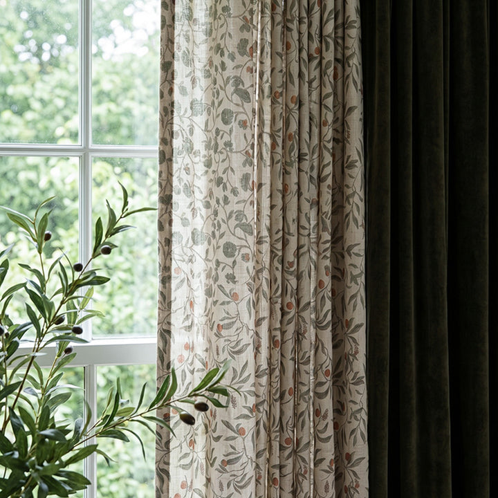 Floral Print Linen Sheer Curtains – Cherry Red Green Leaf Light Filtering Semi Sheer Drapes