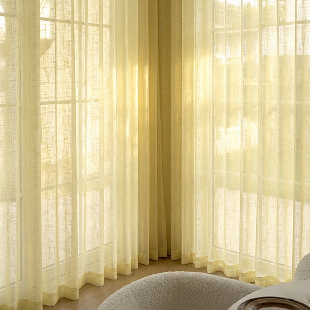 Pale Yellow Natural Linen Curtains Fabric – Close-up of Textured Sheer Linen (North America, Europe)