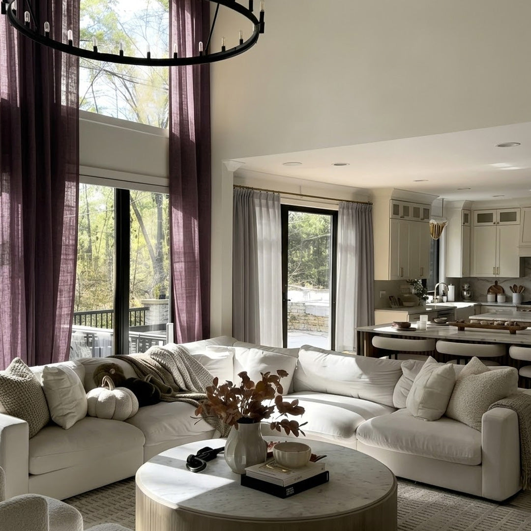 Deep Plum &amp; Dusty Lavender Natural Linen Curtains – Colorful Drapes for Modern High-Ceiling Living Rooms (North America, Europe)