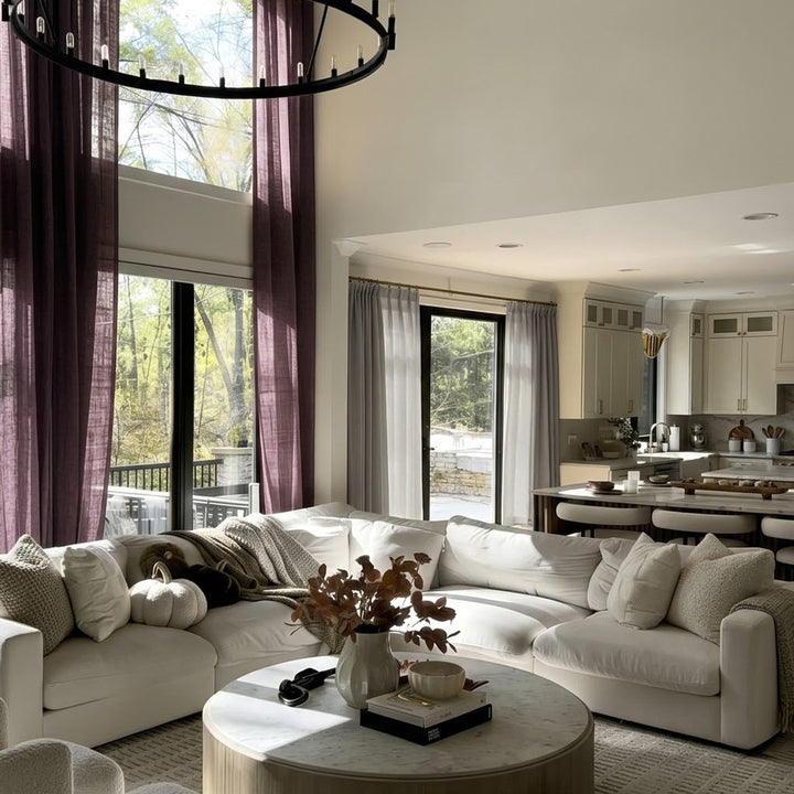 Deep Plum &amp; Dusty Lavender Natural Linen Curtains – Colorful Drapes for Modern High-Ceiling Living Rooms (North America, Europe)