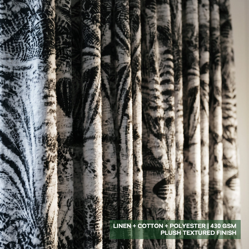 hugmoom Printed Curtain Custom Pleated Drapes with Plush Texture, linen cotton polyester 430GSM fabric close-up, black botanical textured drape detail, luxury home textile
