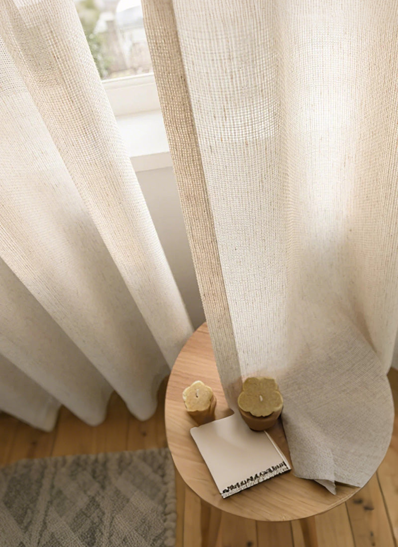 Seren Natural Small Plaid Linen Drape Curtains