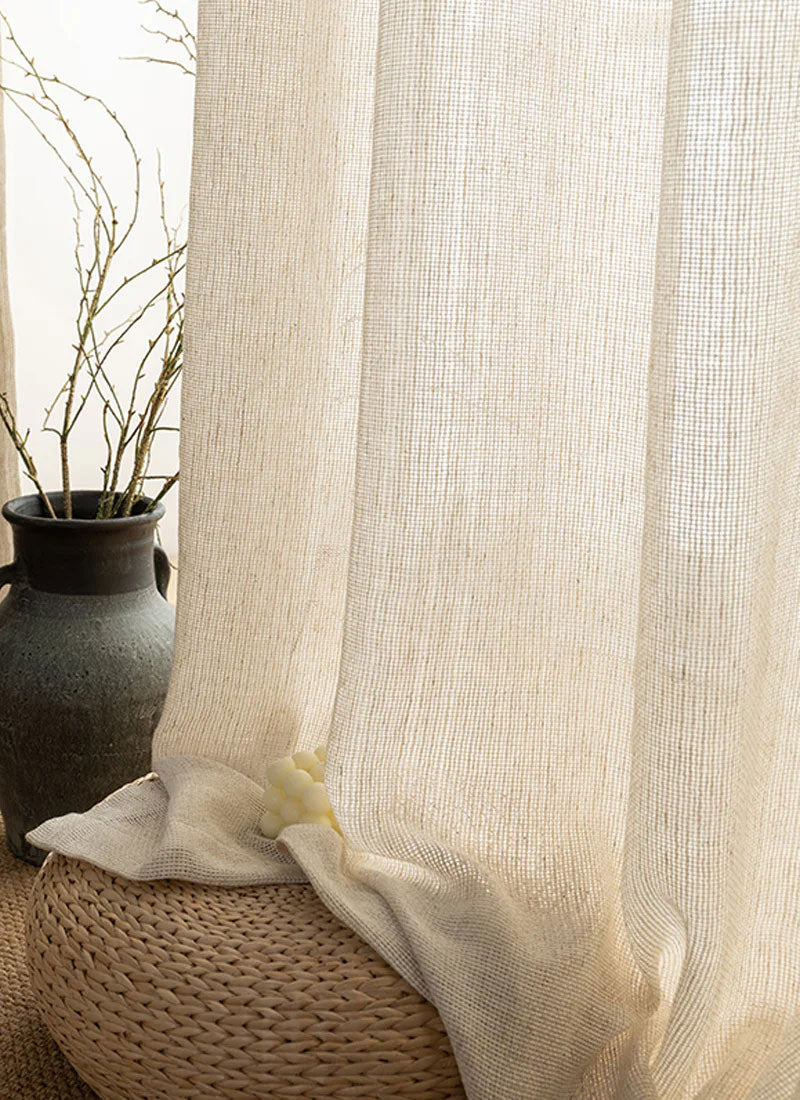 Seren Natural Small Plaid Linen Drape Curtains