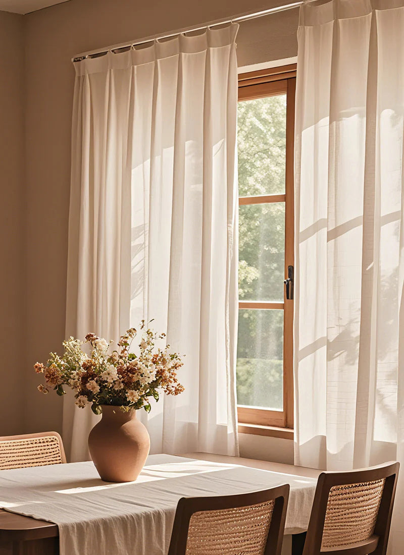 Seren Natural Small Plaid Linen Drape Curtains