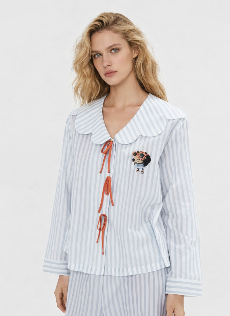 Silk Blend Pajamas Set with Doll Collar and Bow Detail