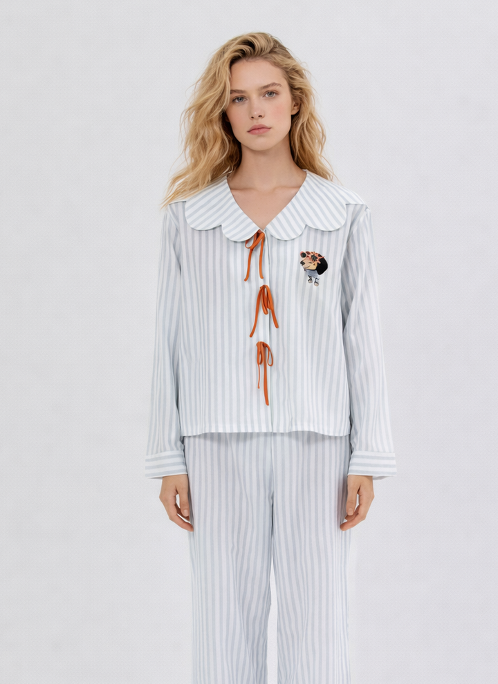 Silk Blend Pajamas Set with Doll Collar and Bow Detail