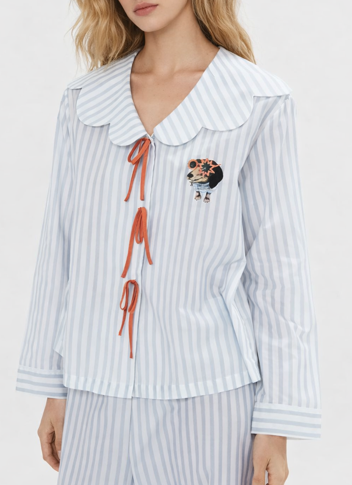 Silk Blend Pajamas Set with Doll Collar and Bow Detail