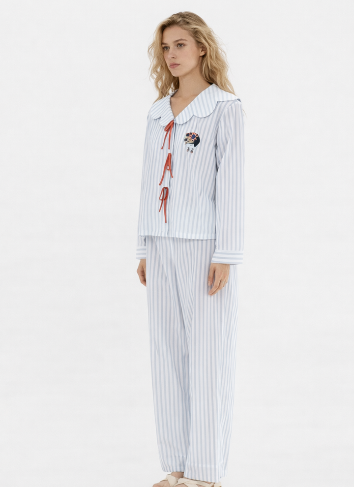Silk Blend Pajamas Set with Doll Collar and Bow Detail