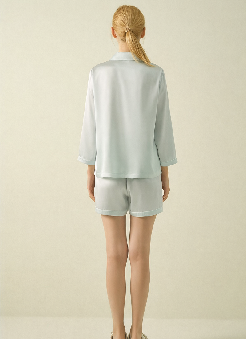 Machine Washable Silk Pajama Set with Embroidery Details