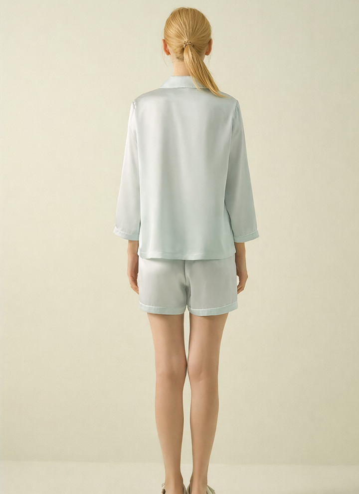 Machine Washable Silk Pajama Set with Embroidery Details