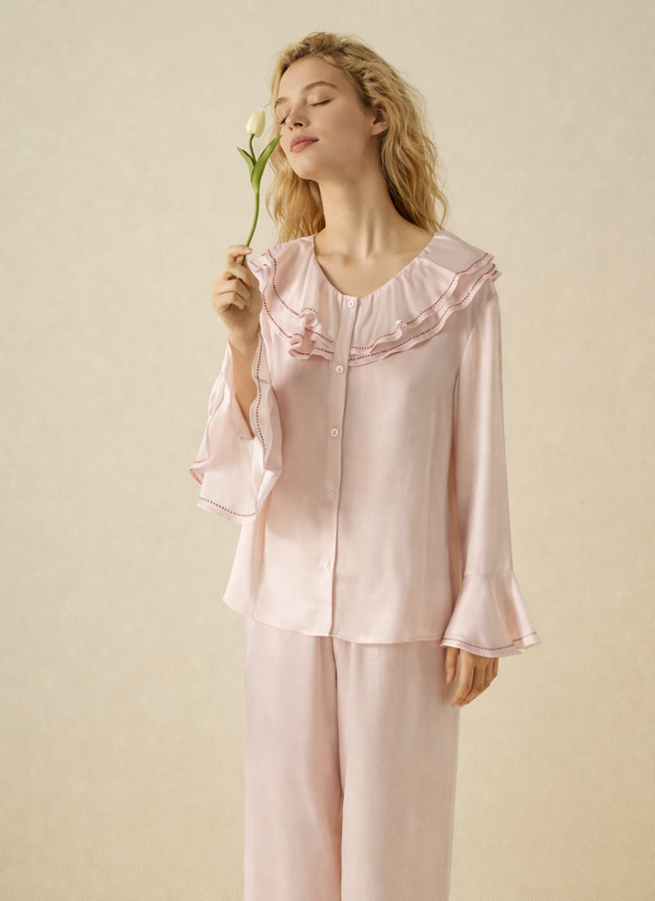 French Style Silk Pajama Set with Ruffled Design