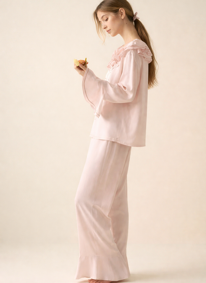 French Style Silk Pajama Set with Ruffled Design