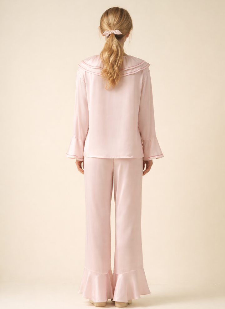 French Style Silk Pajama Set with Ruffled Design