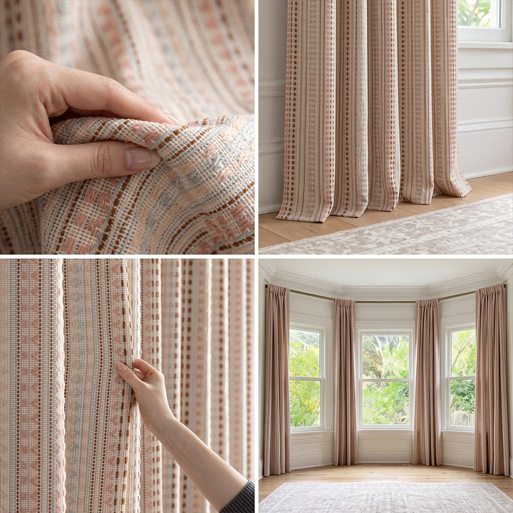 Jacquard Color Block Woven Custom Pleated Drapes – 85%+ Blackout Heavyweight