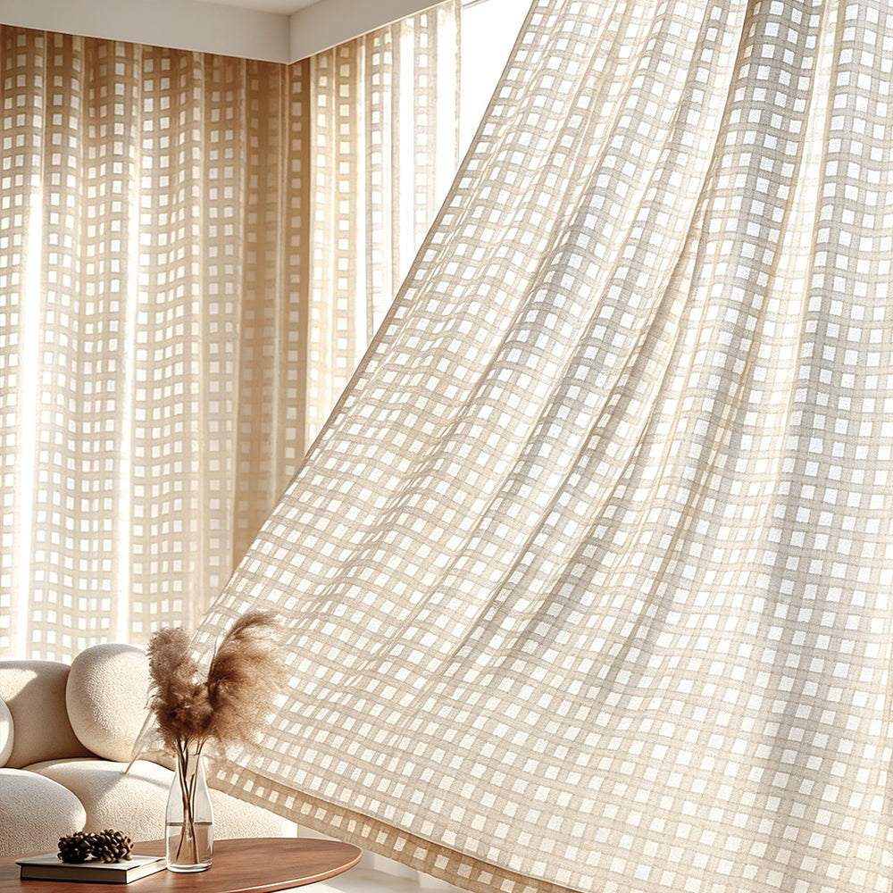 Light Tan Grid Square Sheer Curtains – Luxury Textured Drapes for Cozy Living Room Ambiance (North America, Europe)