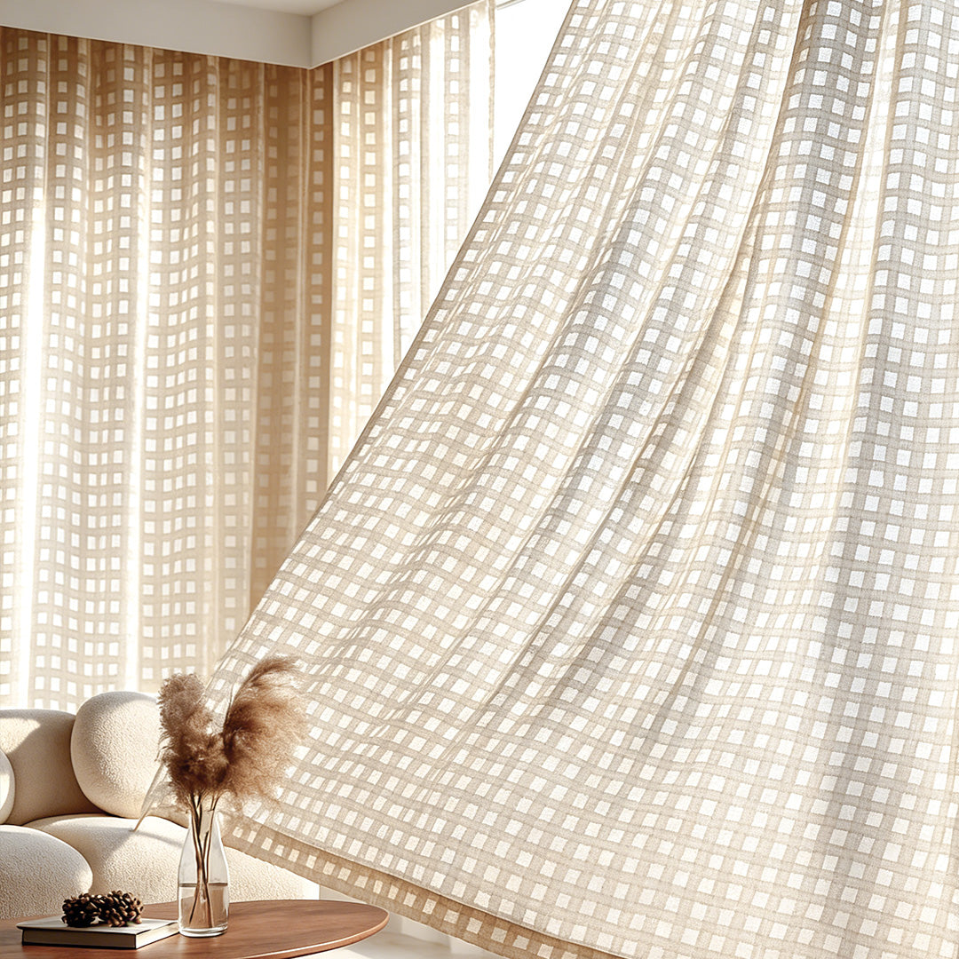 Light Tan Grid Square Sheer Curtains – Luxury Textured Drapes for Cozy Living Room Ambiance (North America, Europe)