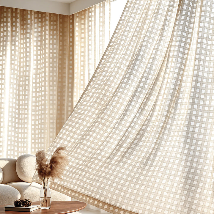 Light Tan Grid Square Sheer Curtains – Luxury Textured Drapes for Cozy Living Room Ambiance (North America, Europe)