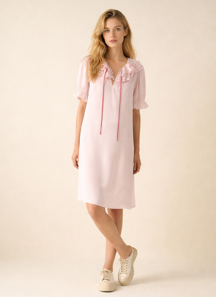 French Style Silk Pajama Set with Ruffled Design