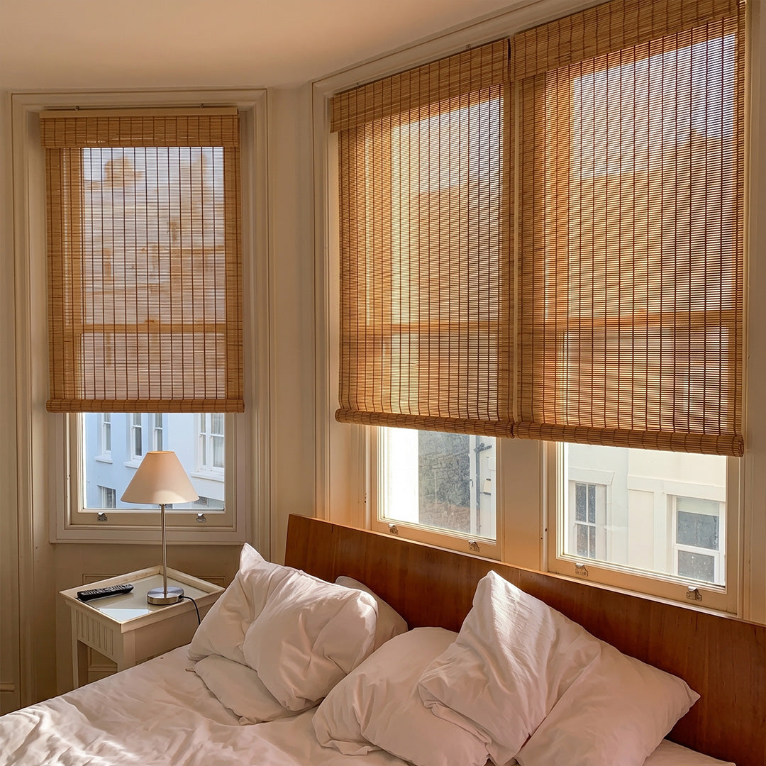 Hugmoom No Drill Bamboo Roman Shade – Natural Woven Blinds for Sunlit Bay Window Bedrooms (USA, EU)