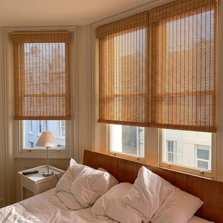 Hugmoom No Drill Bamboo Roman Shade – Natural Woven Blinds for Sunlit Bay Window Bedrooms (USA, EU)