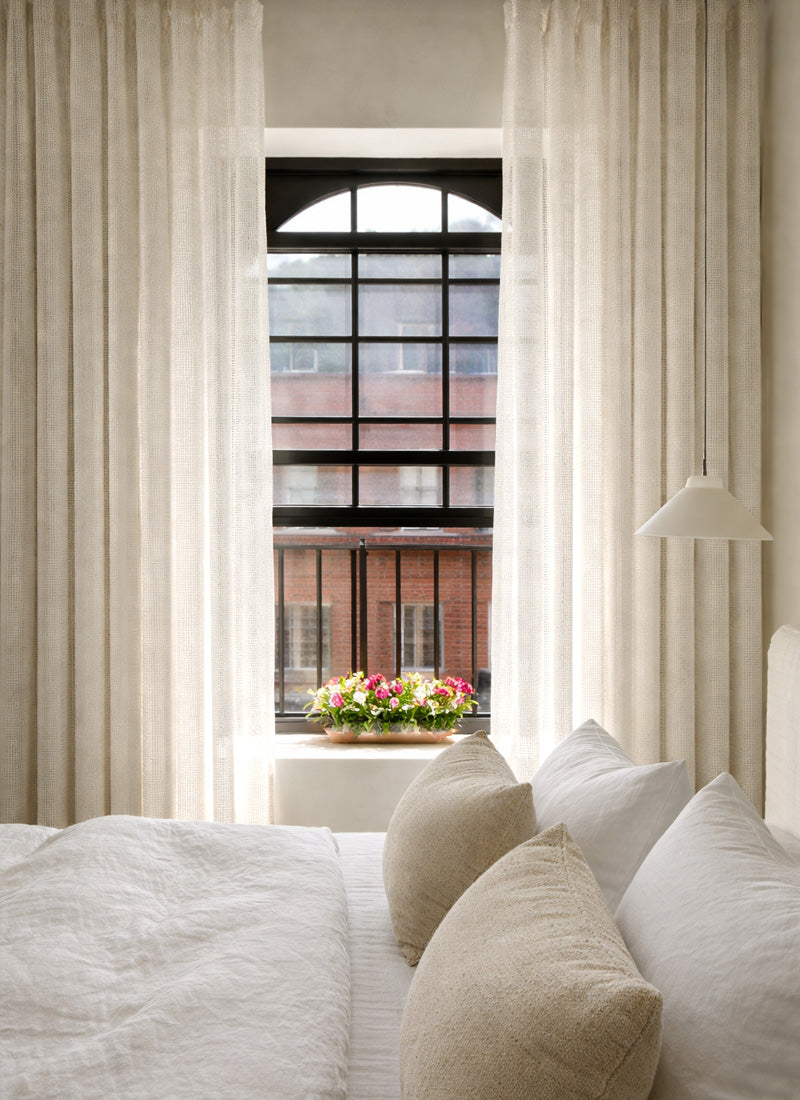 Sheer Curtains with Linen Look Grid Texture